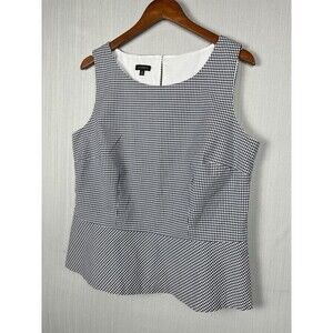 Talbots Gingham Peplum Top Women 14 Navy White Stretch Preppy Officecore